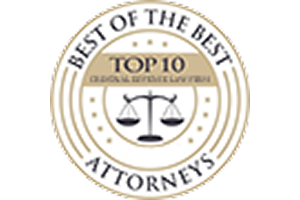 Best of the Best Attorneys Top 10 Criminal Defense Law Firm award seal featuring a scales of justice